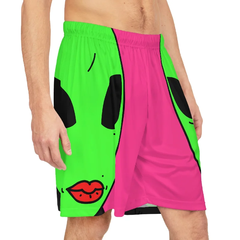 Casual Weekend Shorts-8 Ball Green Alien Lipstick Visitor Pool Player Game Basketball Shorts