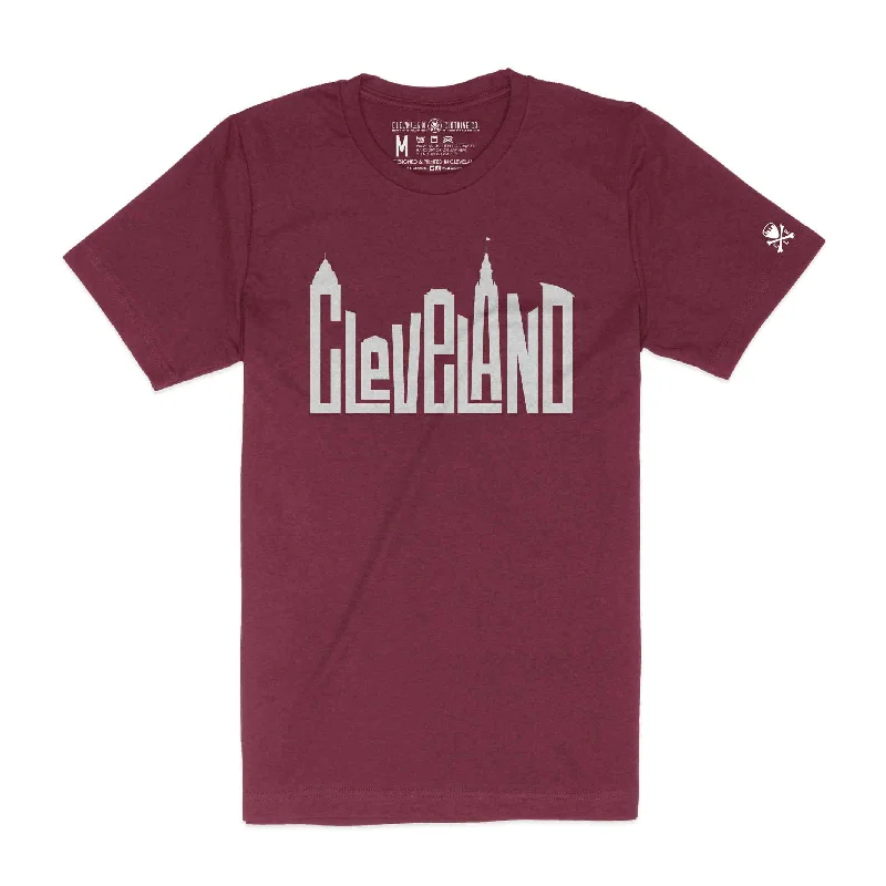 Casual T-Shirt-Cleveland Skyline Letters - Wine/Gold - Unisex Crew T-Shirt