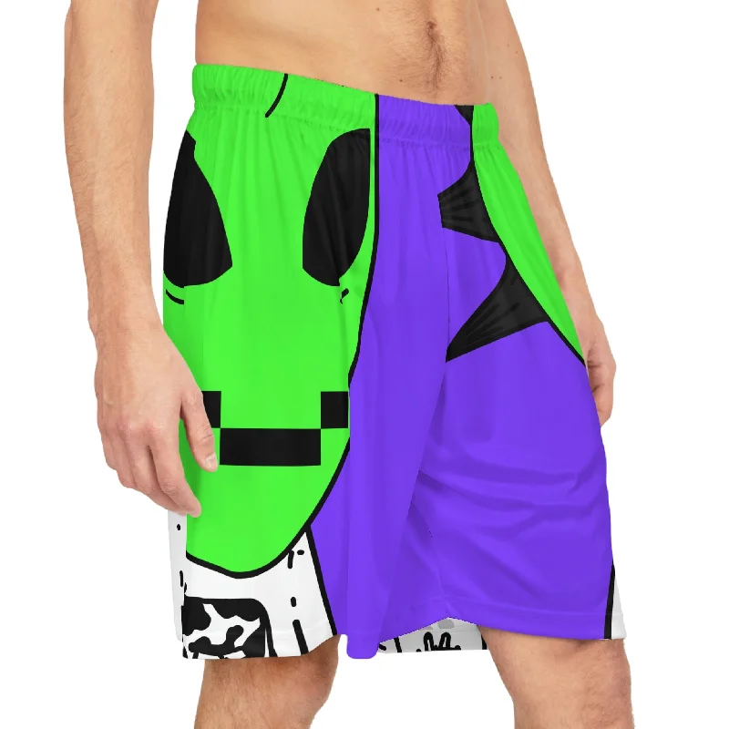 Cargo Shorts with Pockets-Cow Green Alien Spike Black Hair Digital Smile Visitor Basketball Shorts (AOP)