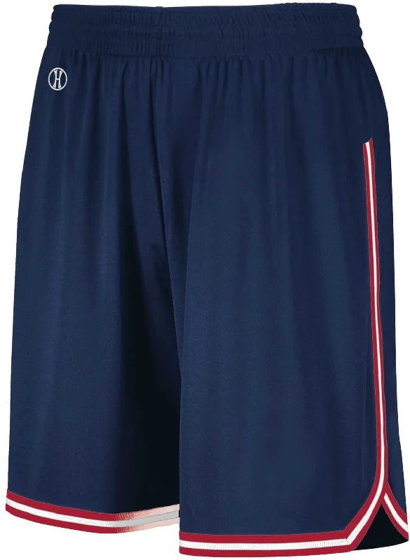 Stretch Fit Workout Shorts-Holloway 224077 Retro Basketball Shorts - Navy Scarlet White