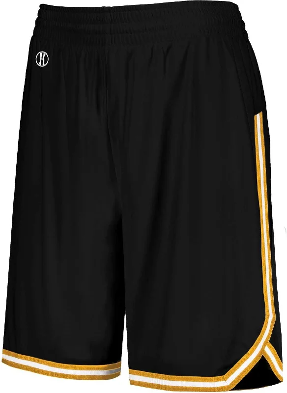 Shorts for Lounging at Home-Holloway 224377 Ladies Retro Basketball Shorts - Black Light Gold White