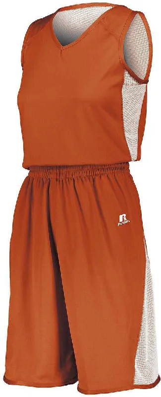 Lightweight Running Shorts-Russell 5R6DLX Ladies Undivided Single Ply Reversible Shorts - Burnt Orange White