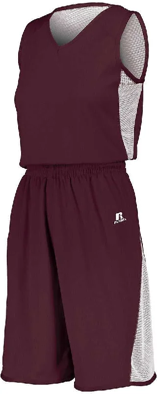 Stylish High-Waisted Shorts-Russell 5R6DLX Ladies Undivided Single Ply Reversible Shorts - Maroon White