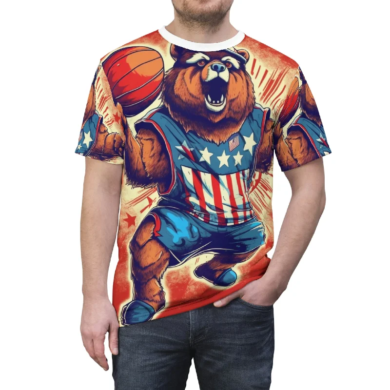 Heavyweight T-Shirt-Slam Dunk for Independence:Patriotic Bear's 4th of July Basketball Game Unisex Cut & Sew Tee (AOP)