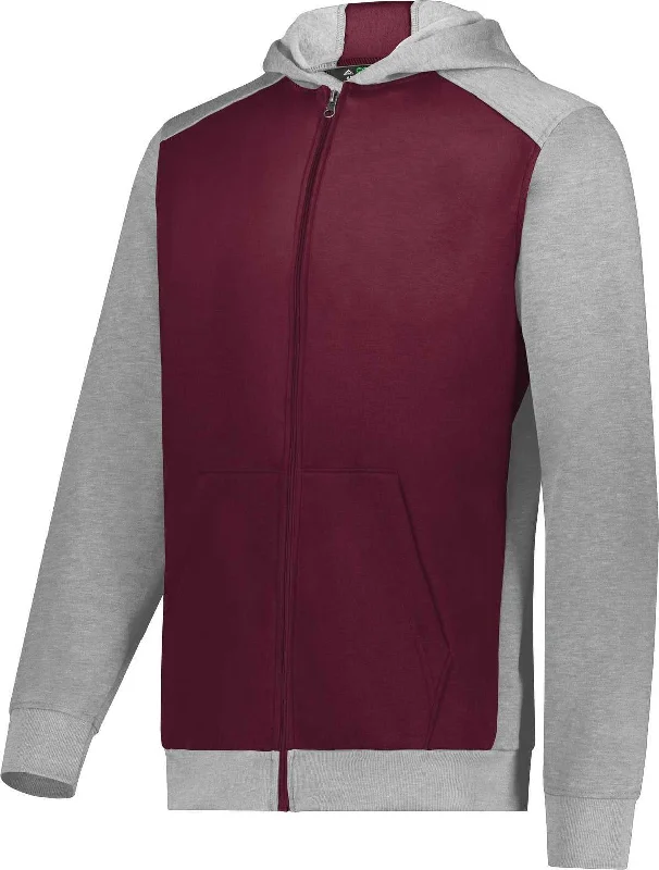 Hoodie for Father’s Day-Augusta 6900 Youth Three-Season Fleece Full Zip Hoodie - Maroon Gray Heather