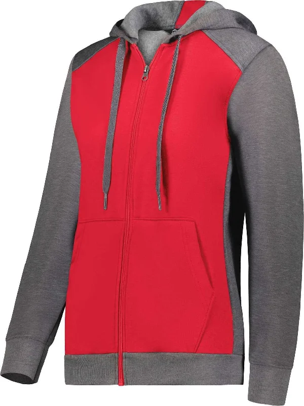 Hoodie with Dark Colors-Augusta 6901 Ladies Three-Season Fleece Full Zip Hoodie - Scarlet Carbon Heather